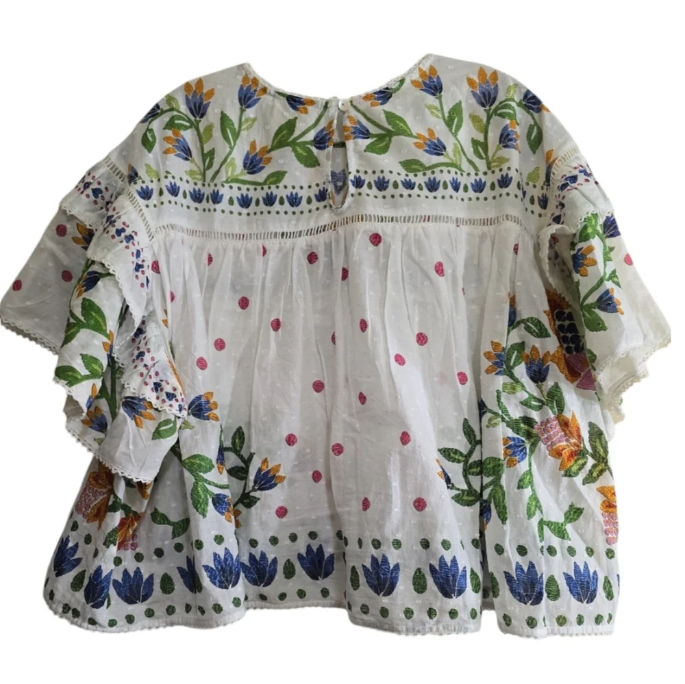 Farm Rio Summer Garden Clip Dot Printed Blouse Small Ruffle Sleeves Flowy Fit - Picture 7 of 11
